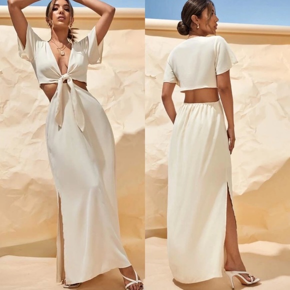 Dresses & Skirts - Cutout twist knotted slit maxi dress boho cream